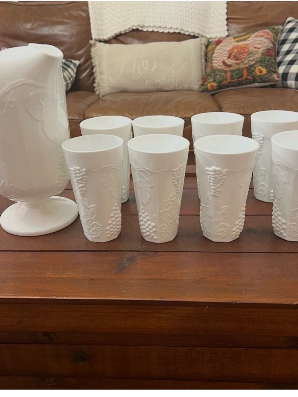 White Embossed Grape Milk Glass Pitcher and Tumbler Set